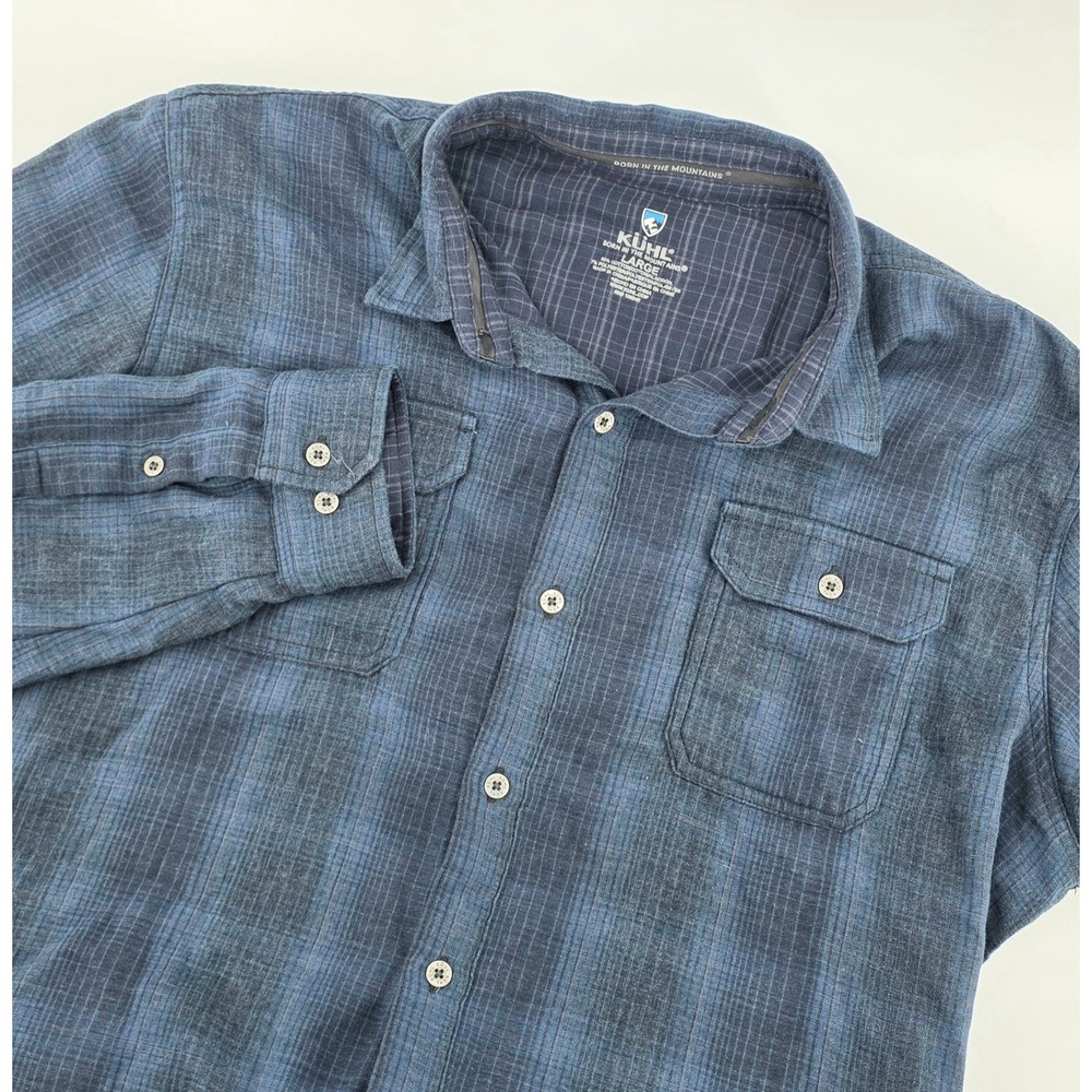 KUHL Gorpcore Plaid Button Down Shirt Size Large Mens Blue Long Sleeve Hiking